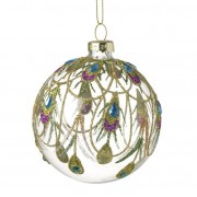 Peacock Design Clear Glass Christmas Bauble 